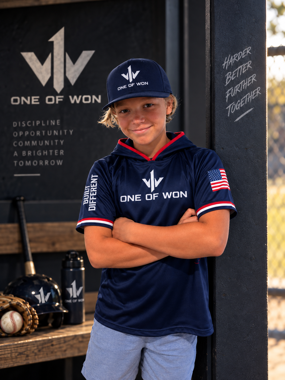 Gavin in a One of Won hooded shirt beside the One of Won dugout board